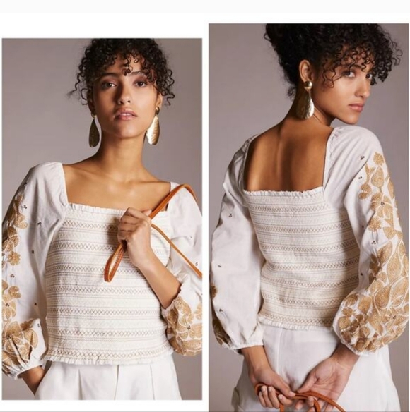 By Anthropologie Tops - Anthropologie | White Gold Floral Embroidered Smocked Puff Sleeve Peasant Top S